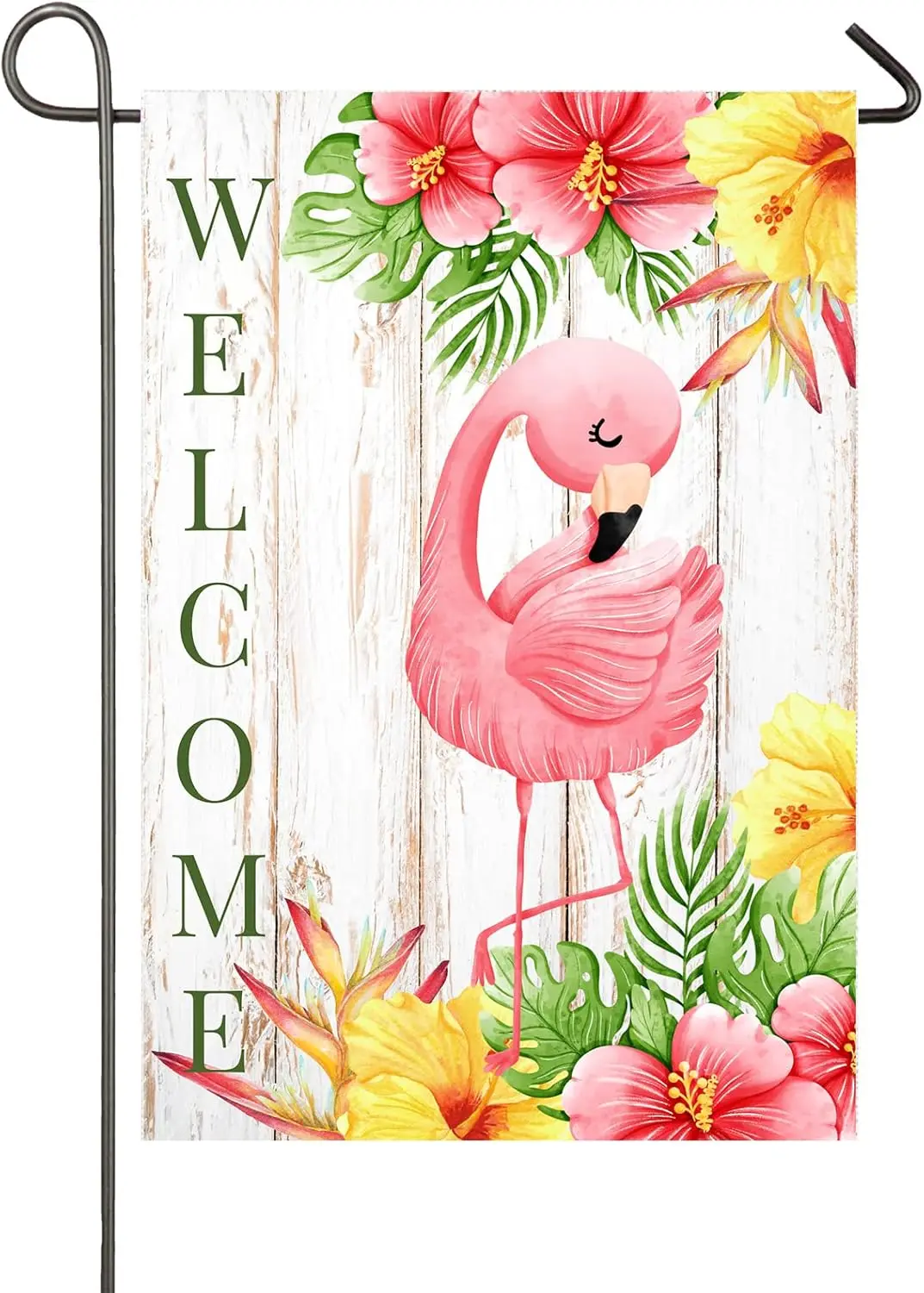 Welcome Spring Summer Flamingo Garden Flag Burlap Double Sided Vertical 12x18 Inch Tropical Flowers Flamingo Decor Spring Summer