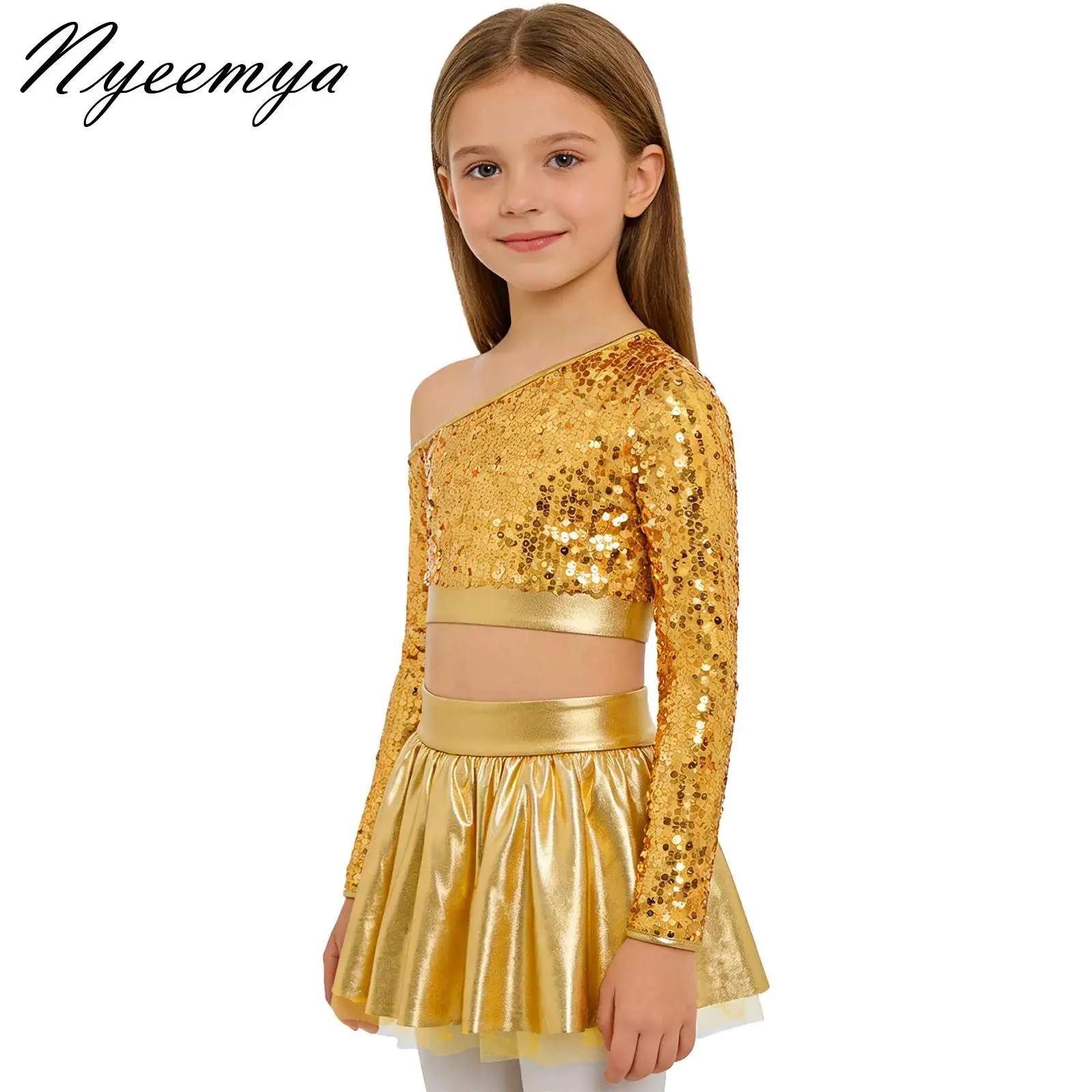 

Fashion Girls Metallic Shiny Disco Dance Outfits Metallic Children Sequin Jazz Dance Costume Stage Performance Competition Suit