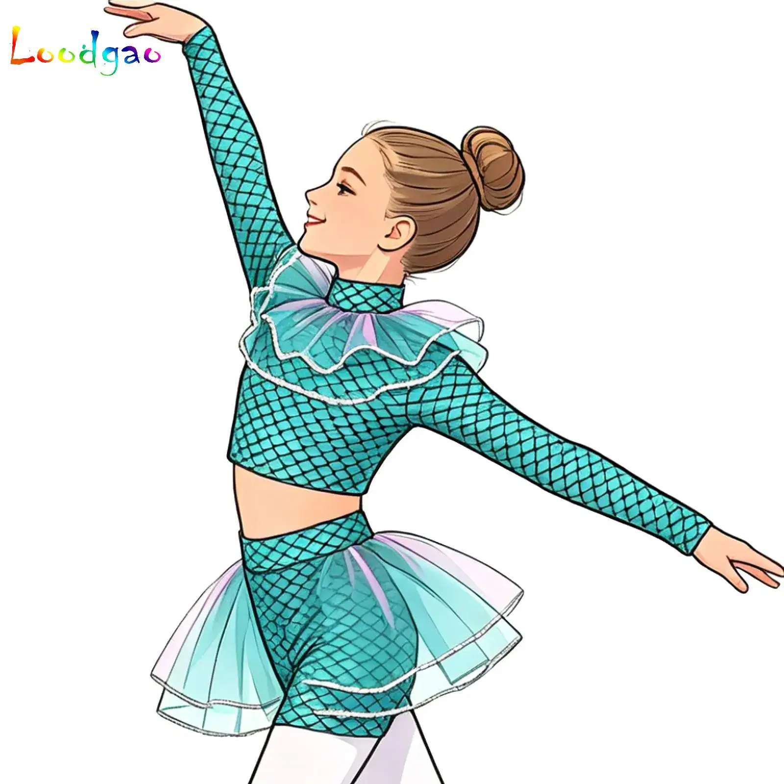 Girls Mermaid Ballet Dance Leotard Metallic Fish Scale Gymnastic Jersey Jumpsuit Sequins Crop Top with Shorts Halloween Dress Up
