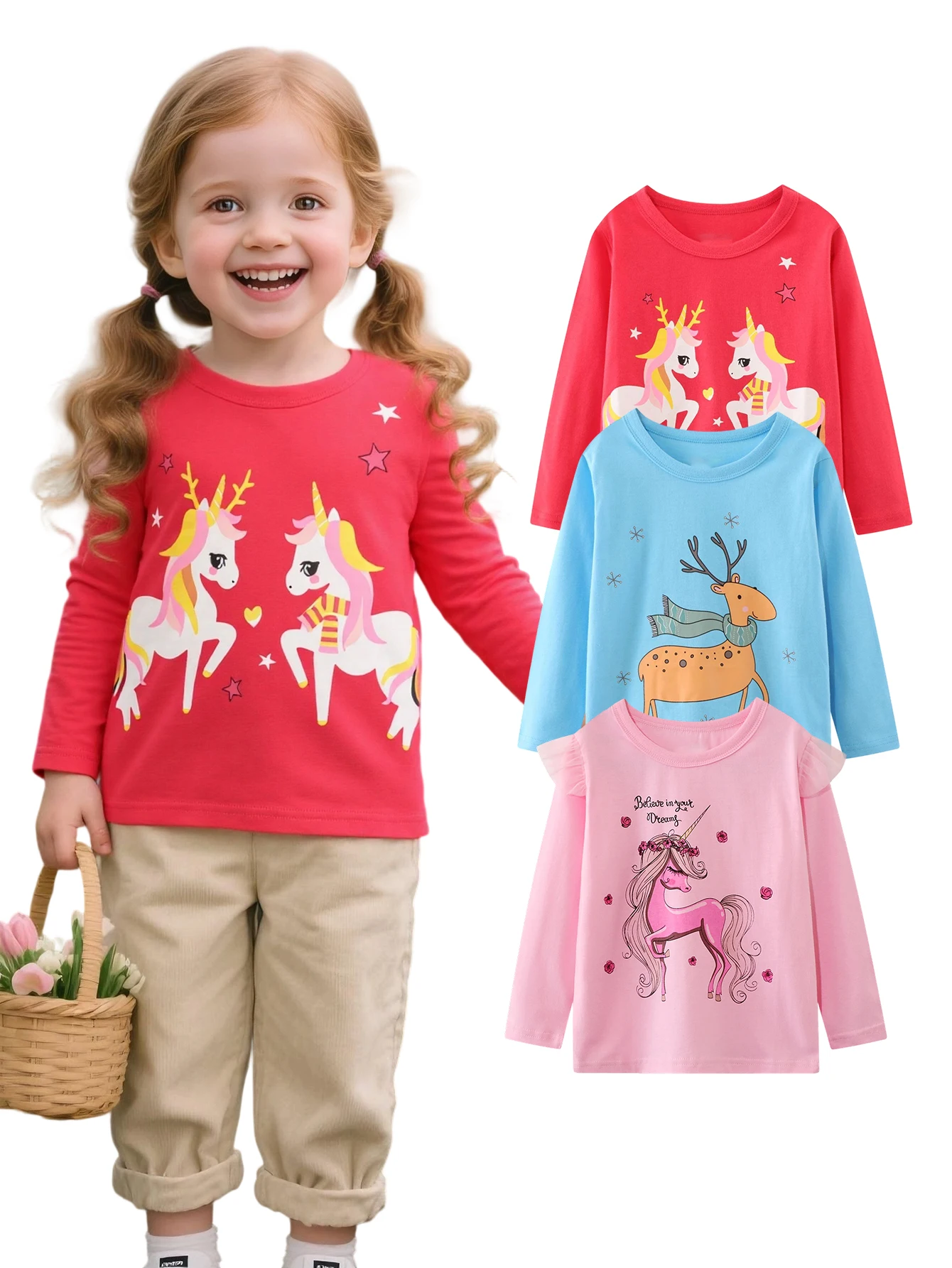 

Three piece girls' long sleeved pure cotton round neck cartoon unicorn pattern outdoor casual autumn and winter T-shirt