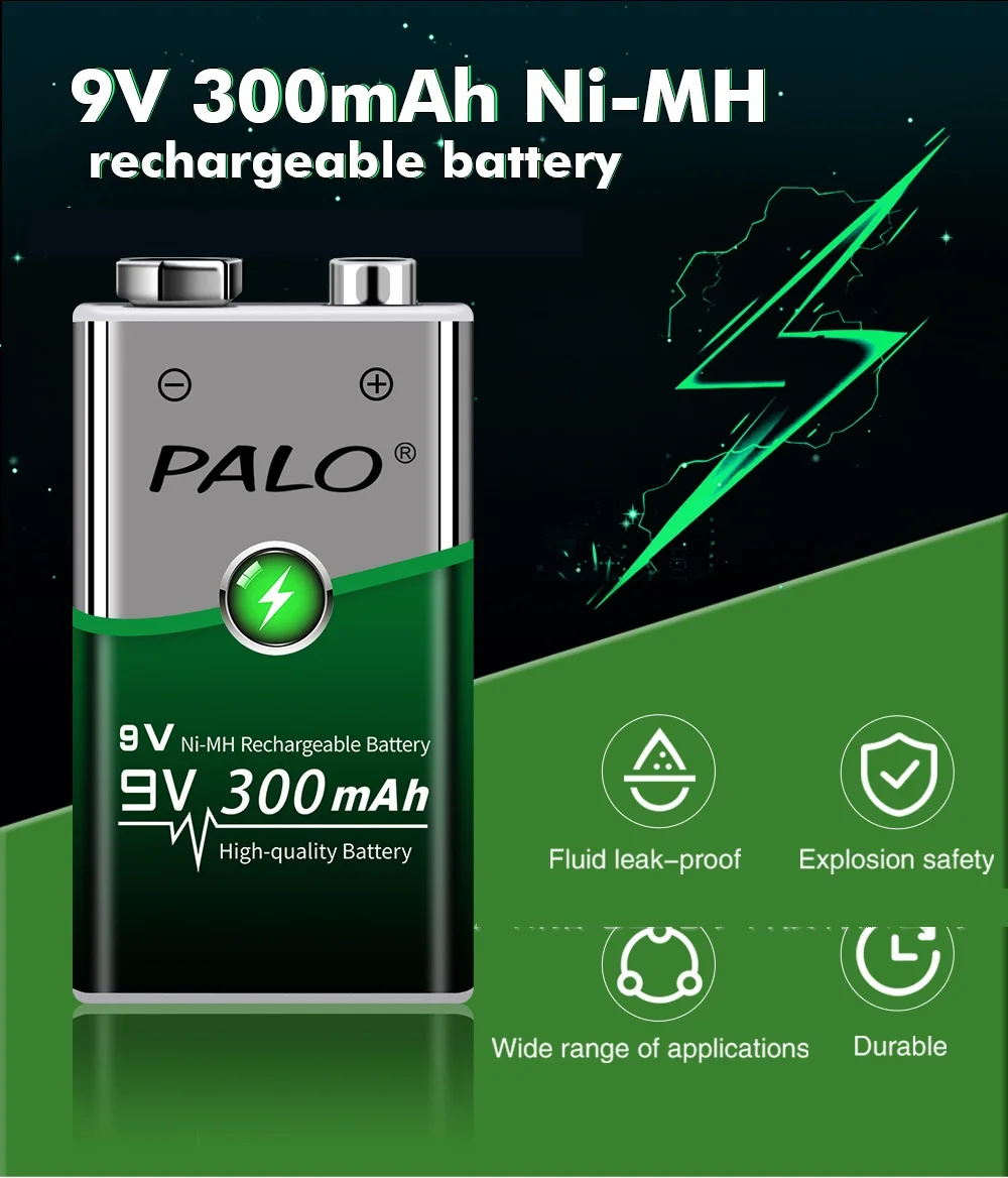 For PALO 9V Ni-MH Rechargeable Battery 6F22 NIMH 300mAh 9V Battery for 6F22 9V Ni-CD Ni-MH Li-ion battery