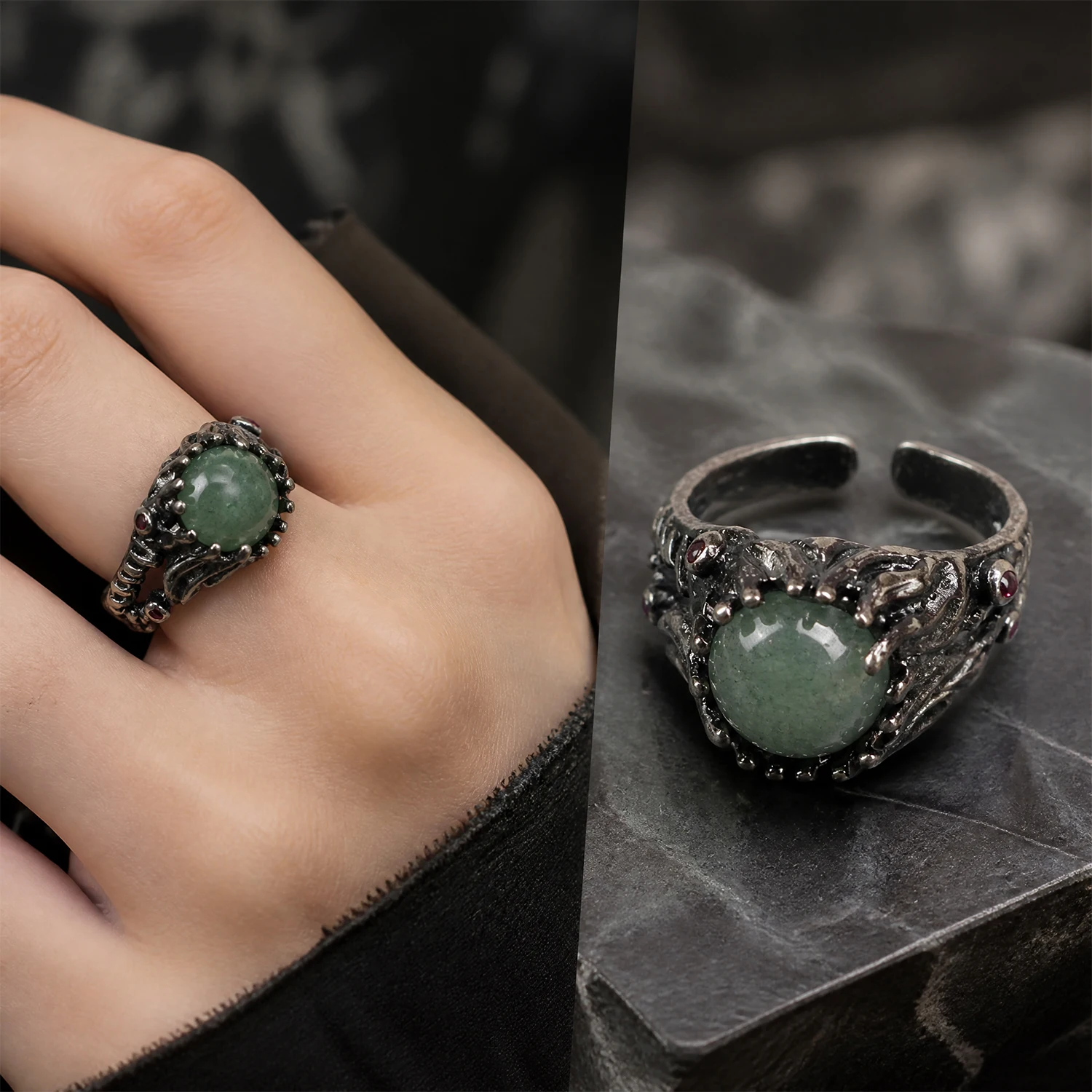 New Vintage Volcano-Shape Open Ring with Natural Crystal Gem Bead in Dark Gothic Style with Distressed Craftsmanship for Women