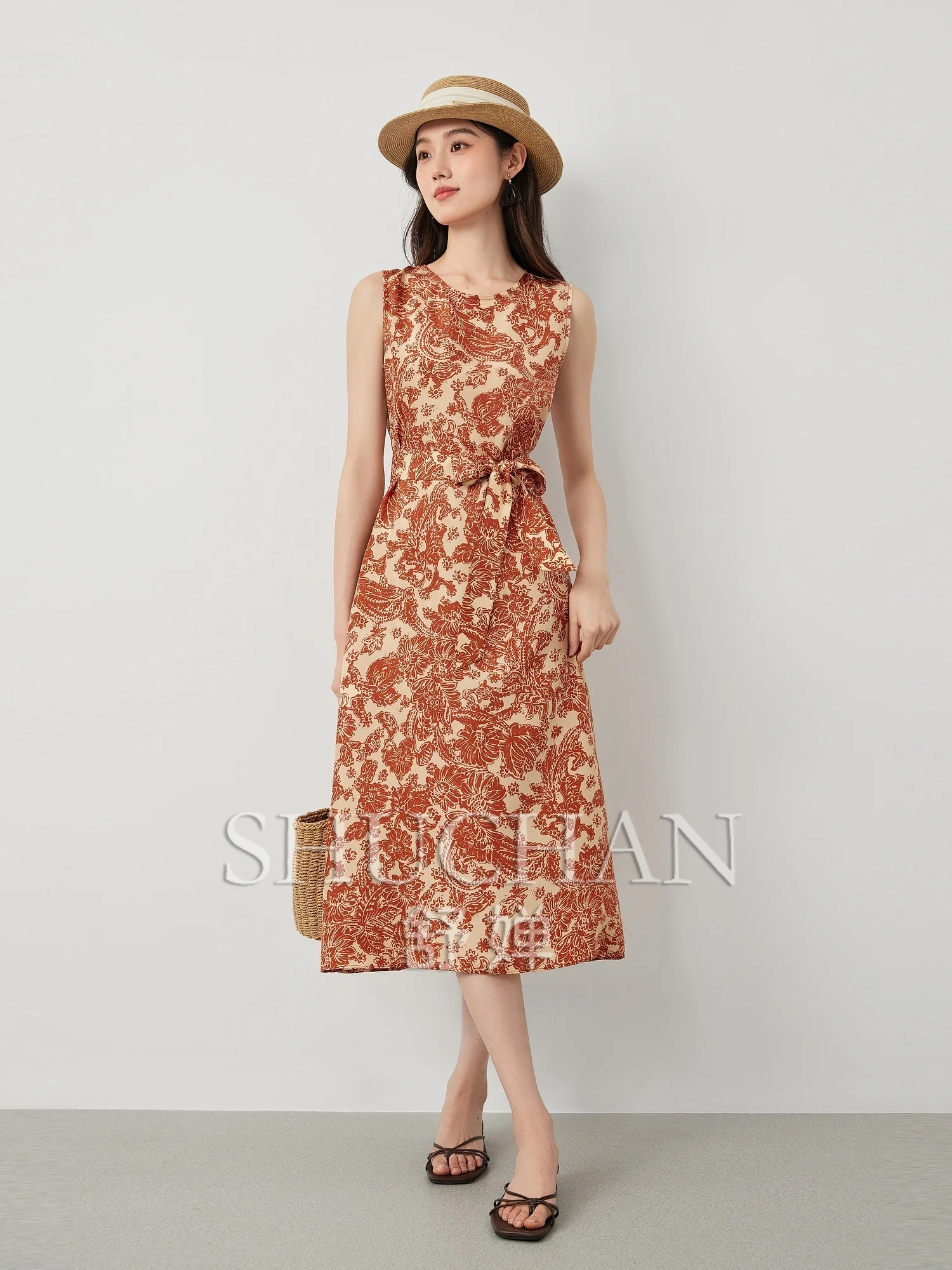 

Paisley Style 16 Mmi Double Crepe Natural Silk European Classical Rhythm Print Sleeveless Tank Dress Summer