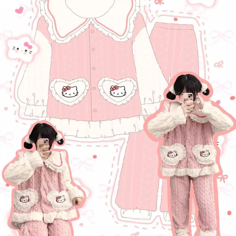 

Princess Style Soft Fashion Casual HelloKitty Winter Coral Velvet Thickened Warmth Cute Sweet Girl Soft Pajamas Home Clothes Set
