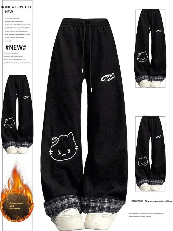 

Большие размеры, модные утягивающие повседневные брюки, женские осенне-зимние теплые красивые широкие брюки с высокой талией, прямой крой, мультяшный