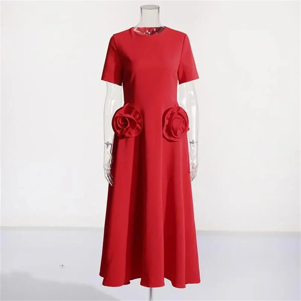 

2024 New 3d Flower Decorated Round Neck Cocktail Dress Spring And Summer New Fashion Evening Dress