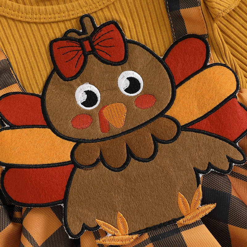 Baby Girls Thanksgiving Romper Dress Flying Sleeve Turkey Embroidery Romper with Headband