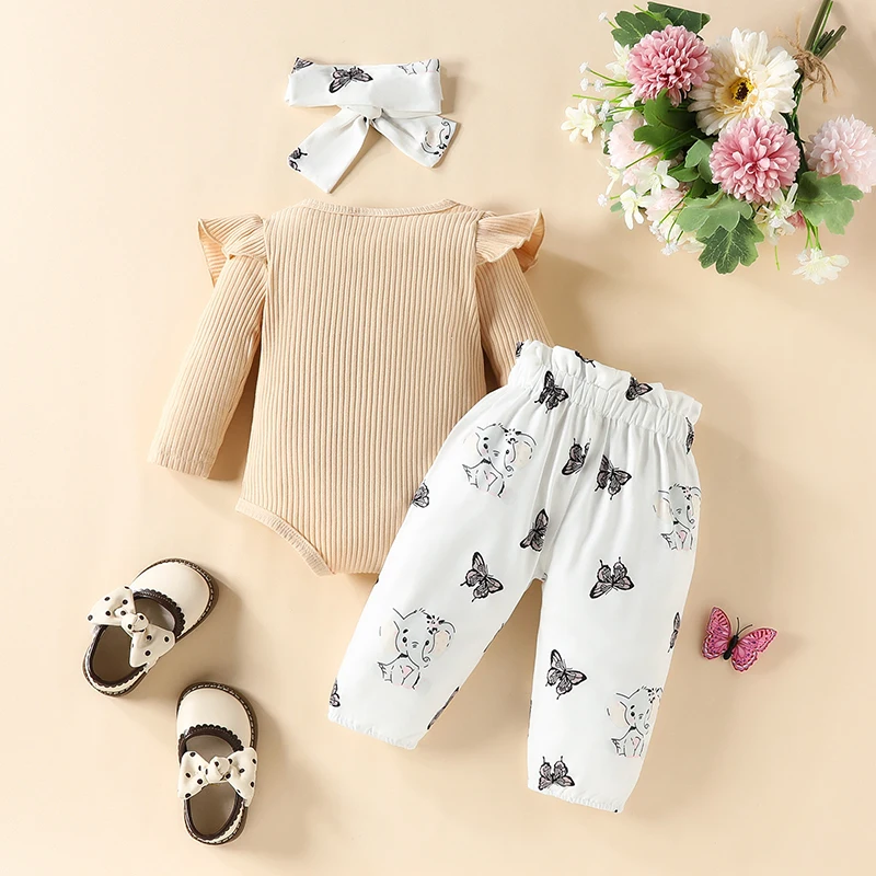 3 Piece Set Newborn Baby Girl Clothes Elephant Alphabet Print Pit Stripe Bodysuit Pants And Hairband Infant Outfits 0-18 Months