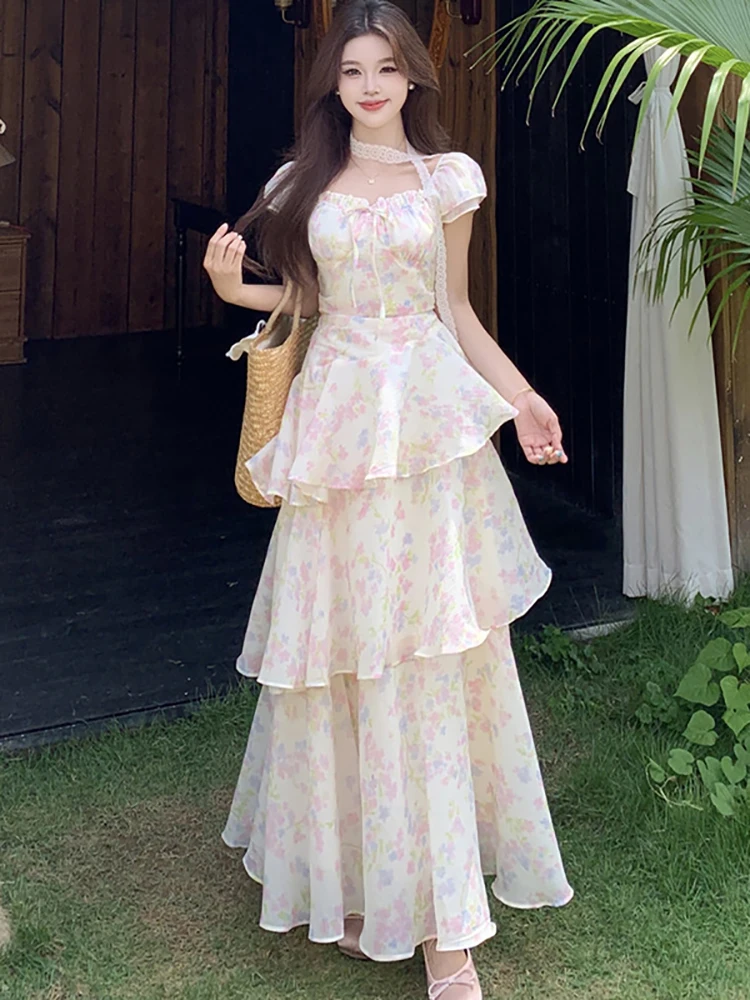 

2026 Floral Chic Ruffled Casaul Beach Long Dress Summer Short Sleeve Bow Square Collar Dress Women Korean Elegant Evening Dress