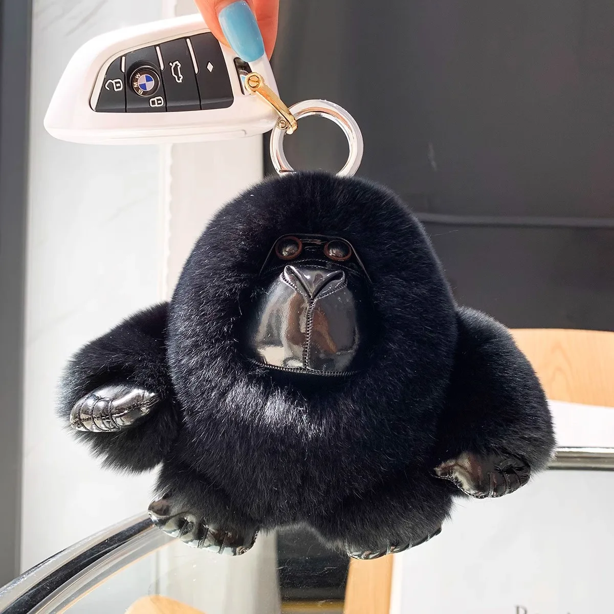 Real Raccoon Dog Fur Gorilla Car Keychain Pendant Cute High-End Plush Doll Backpack Charm Gift