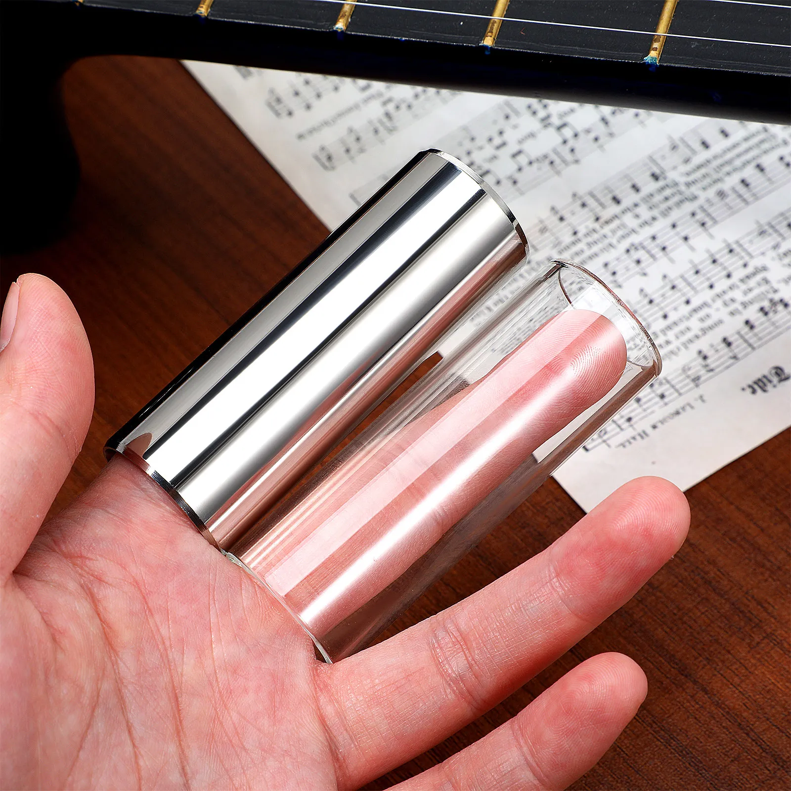 

2Pcs 70Mm Glass and Stainless Steel Guitar Slide Medium Bottleneck for Professional Players Transparent Silver Tone Accent