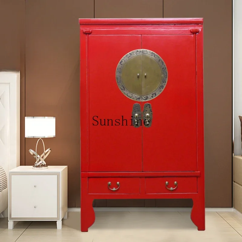 

New Chinese imitation classical furniture solid wood red paint large wardrobe storage bedroom sun cabinet