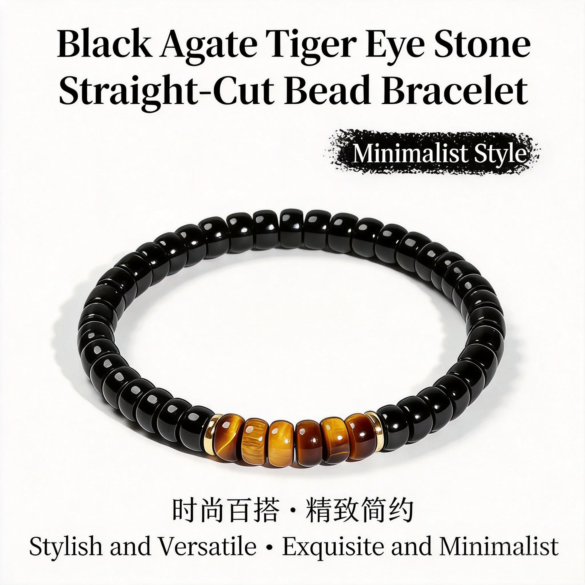 Chinese Style Lucky Wealth Attracting 6mm Natural Black Onyx Yellow Tiger Eye Stone Straight Cut Abacus Beaded Bracelet Handmade