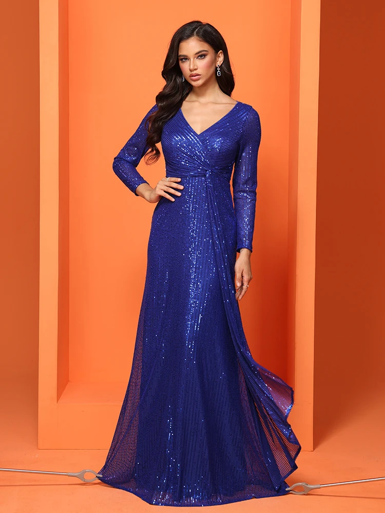 XUIBOL Elegant Blue Evening Dress For Women 2024 Luxury Long Sleeve Mermaid Formal Sequins V-neck Prom Wedding Party Gowns