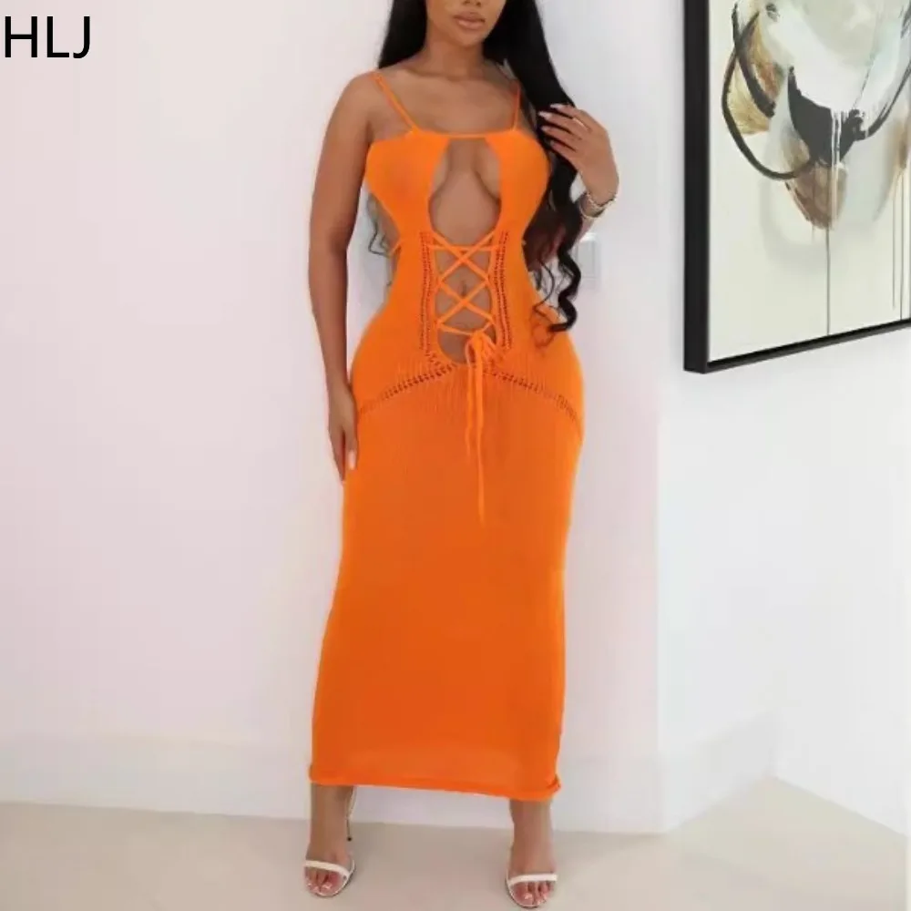 

HLJ Summer 2024 NEW Knit Women Dress Sexy Elegant Hollow Out Lace-up Bandage Spaghetti Strap Cami Bodycon Beach Party Clubwear