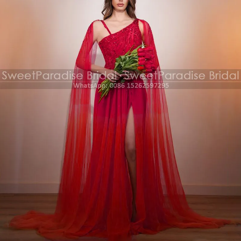 

Customized A Line Evening Dress Long Cloak High Split Beaded Appliques Spaghetti Straps Red Tulle Reception Dress Party
