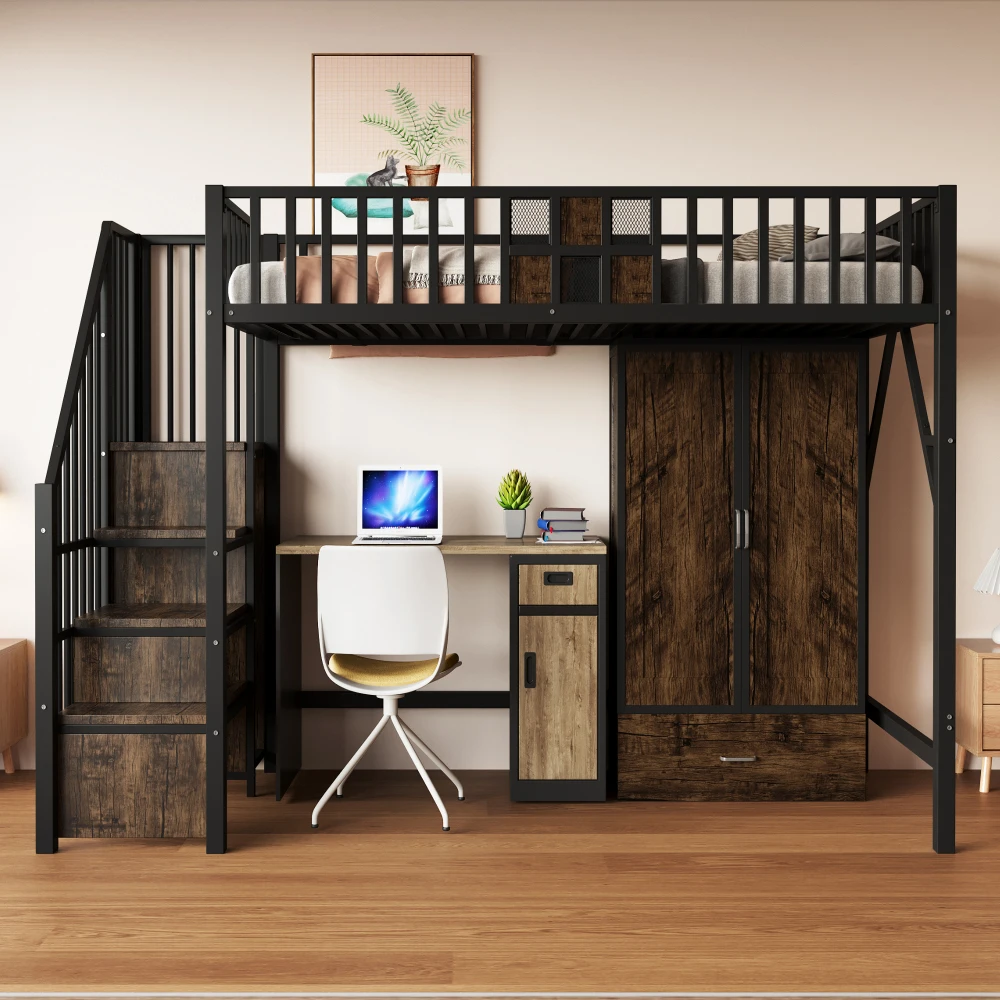 Hochbett aus Holz und Metall mit einzigartigem, stilvollem Sicherheitsgeländer, Hochbett mit integriertem großem Kleiderschrank, Schubladen und Aufstiegsleiter, multifunktionales Kinder-Etagenbett,