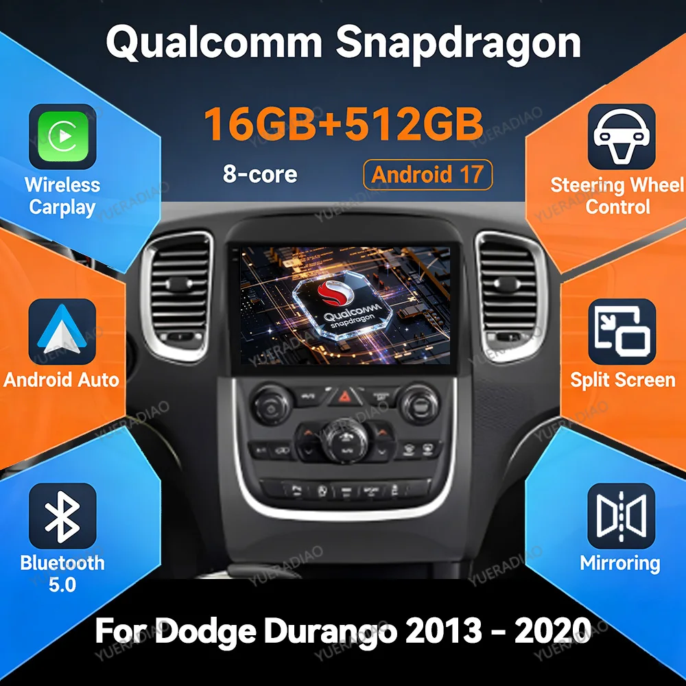 Radio para Auto Android 17 para Dodge Durango 3 WD 2013-2020, Reproductor Multimedia Qualcomm, Estéreo, Video, QLED 2DIN, GPS, Navegación, 4G, WIFI, BT