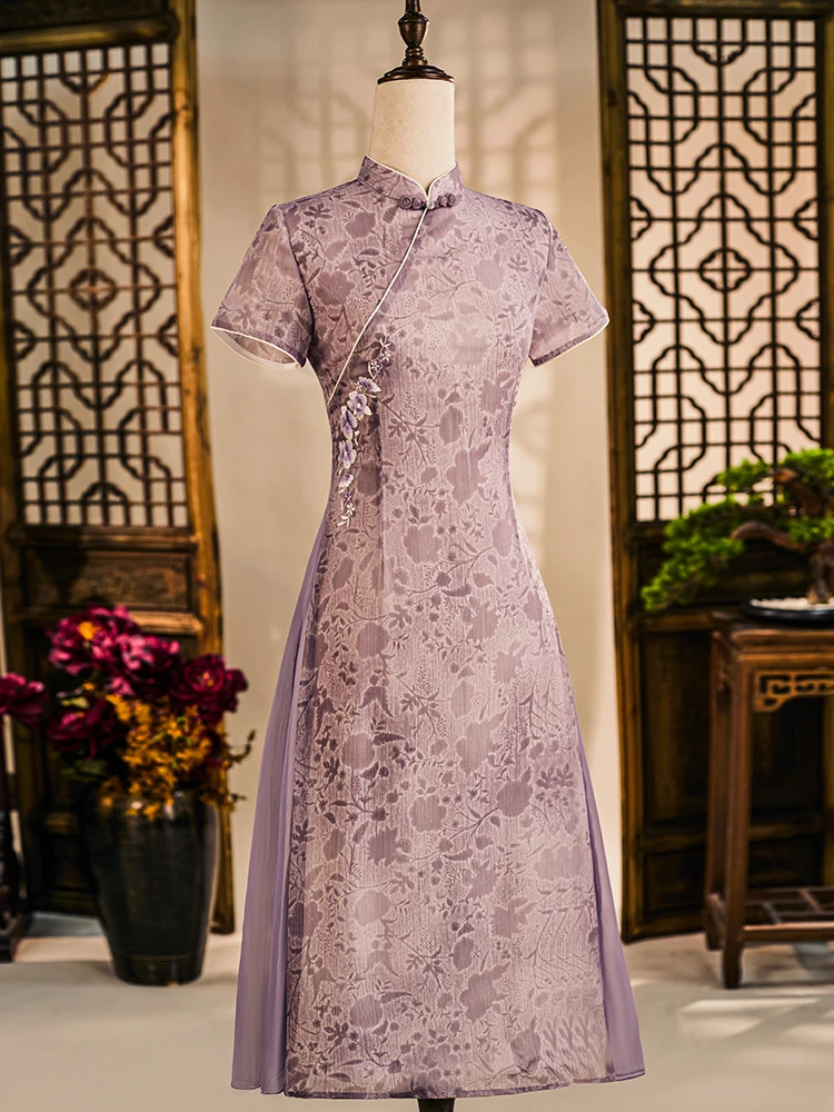 

Светло-фиолетовое платье Ele Young Sle с вышивкой, в стиле ретро, средней длины, с косым воротником, коротким рукавом, для повседневной носки