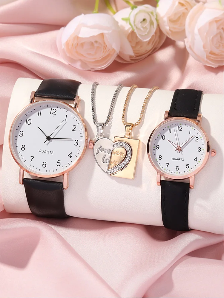 4pcs Trendy, Simple and Casual Quartz Watches for Student Couples+heart-shaped Patchwork Couple Necklaces