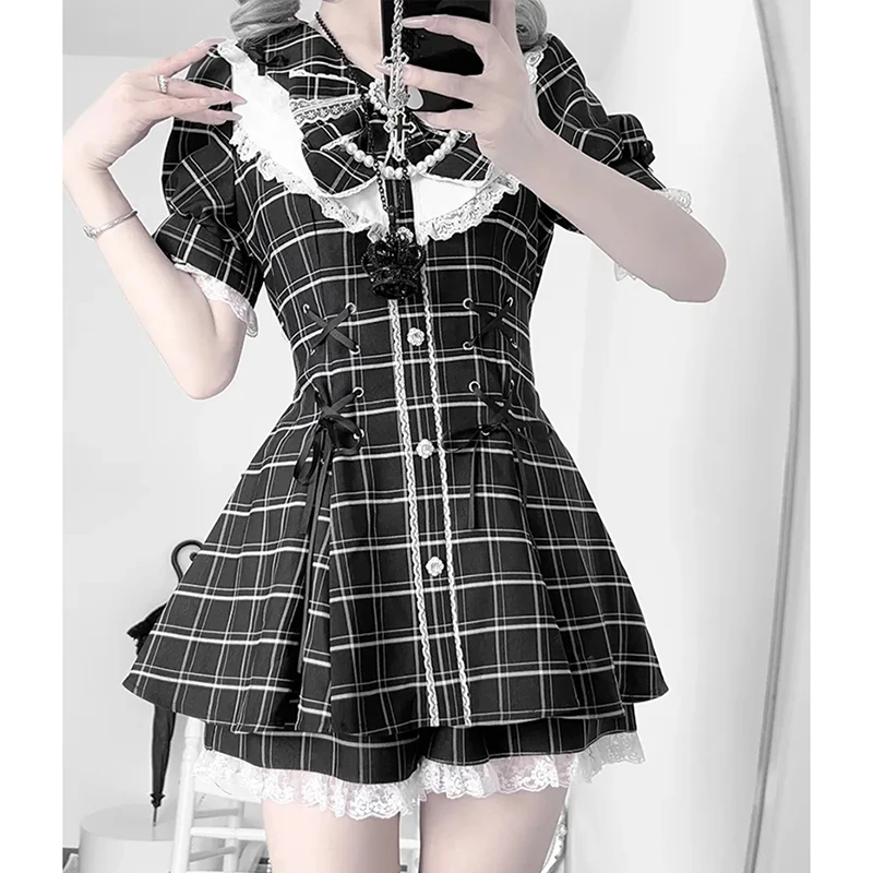 

Plaid Lolita Japanese Dress 2 Piece Set Bow Slim Tie Kawaii Cosplay Vestidos High Waist Lace Patchwork Cute Shorts