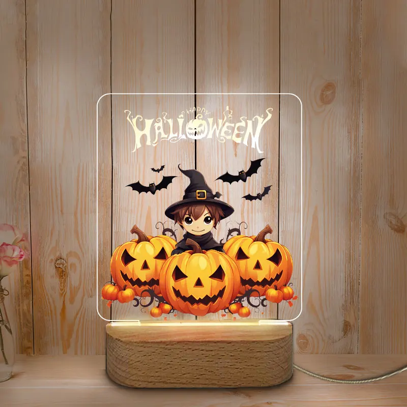 Personalized Night Lamp Color Printing Halloween Decoration USB LED Night Light for Home Baby Mother Room Wooden Base NightLight