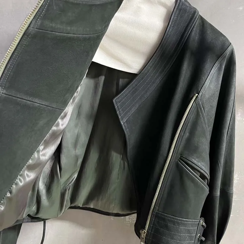 new fashion coat spring autumn 2025 natural real suede leather jacket short length Turkish oil wax skin Tie decoration