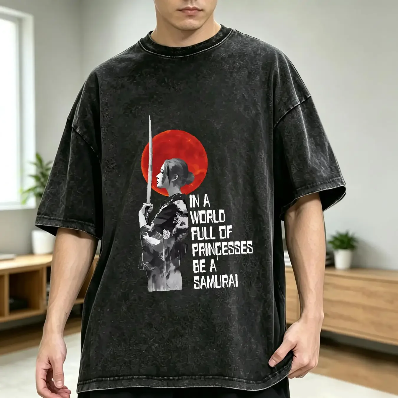 washed T Shirt In A World Full Of Princesses Be Samurai Blood Moon Vintage Men's vintage Washed Versatile Casual Unisex