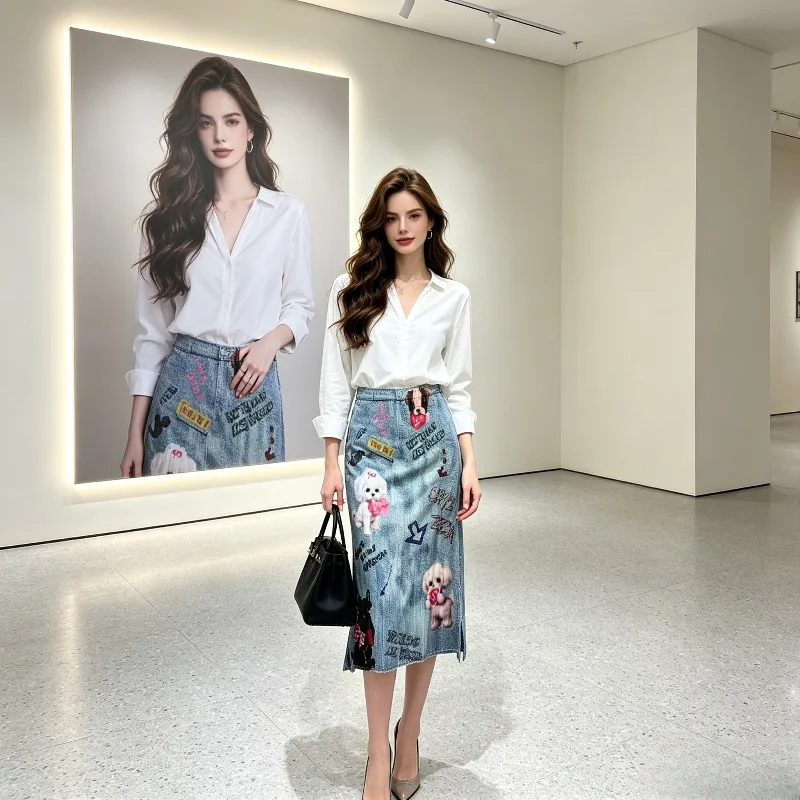 Miyake Pleated High-End Cartoon Dog Print Pleated Straight Skirt Loose Slimming Versatile Half Skirt Women's Clothing Wholesale