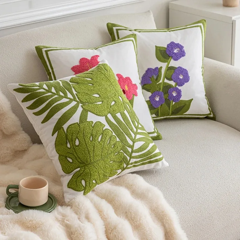 Cotton Canvas Floral Embroidery Cushion Cover American Countryside Outdoor Pillow Covers Decorative Living Room Throw Pillowcase