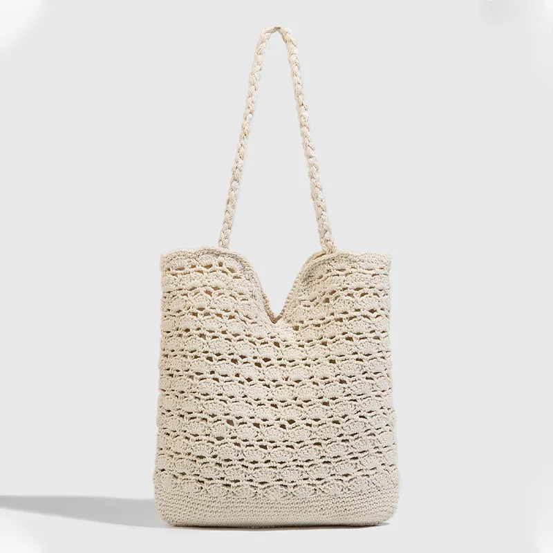 

Women's Cream Crochet Tote Bag Large Capacity Handmade Woven Shoulder Purse with Braided Strap for Beach Vacation Daily