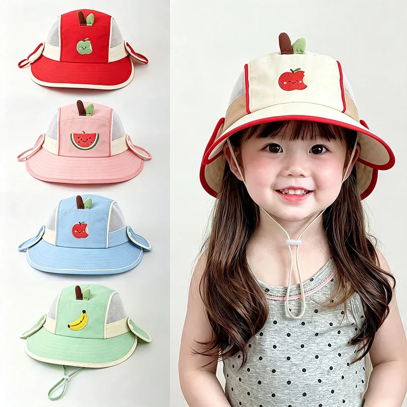 幼児用刺繍入りサンハット-ネックフラップ付き-通気性メッシュバケットハット-ベビー保護用-アウトドアビーチフィッシャーマンキャップ-男の子-女の子用
