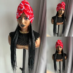 WIGERA Long 24“ Black Box Braided Synthetic Wig With Headband Turban Hat Box Braiding Hair Extensions Head Scarf  Wigs For Women