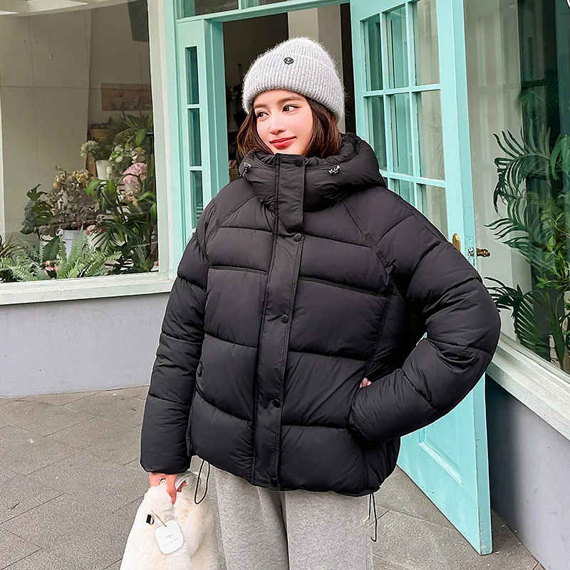 Hooded Parkas Coats Women Solid Short Jacket Pocket Drawstring Zipper Long Sleeve Loose Fit Thick Office Lady Casual 2025 Winter