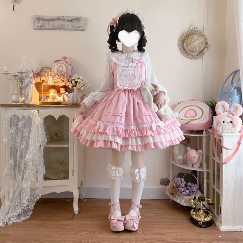 Kawaii Princess Sweet Lolita sukienka z falbankami JSK letnia sukienka na szelkach dziewczęca koronkowa sukienka z kokardką Party Loli