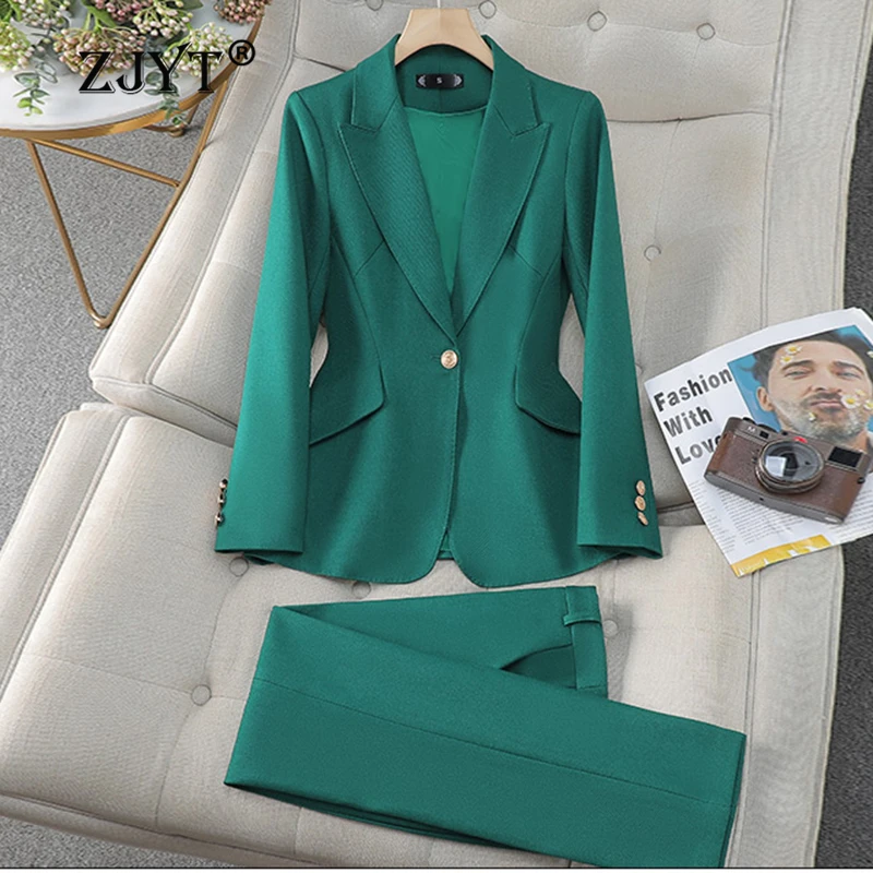 

ZJYT Business Chic Office One Button Green Blazer Suit Women 2024 Spring Plus Size Jacket Pant Sets 2 Piece Outfit Trousers Suit