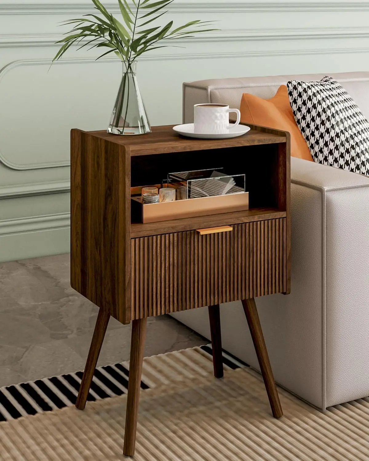 

Современная прикроватная тумбочка с выдвижным ящиком и открытой полкой, ножки из массива дерева для спальни или гостиной, простая сборка, цвет ореховый коричневый