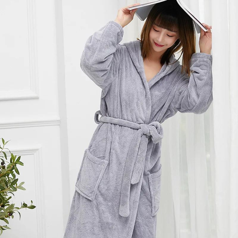 Autumn and Winter Coral Fleece Hooded 110cm Length Thermal Bathrobe Nightgown Solid Color Large Size Pajamas Home Clothes Towel