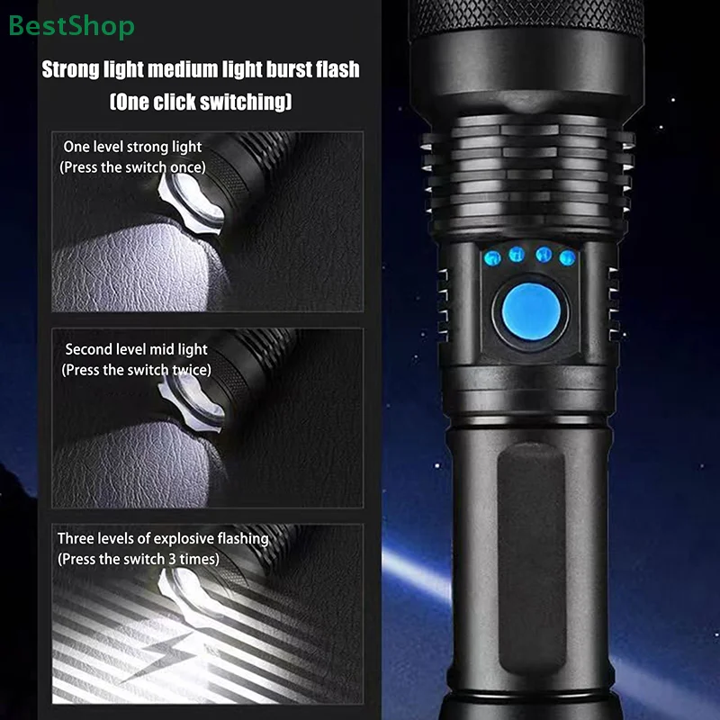 Bright Flashlight ABS Strong Light Led Flash Light USB Rechargeable Power Display Portable Outdoor Multi-function Torch