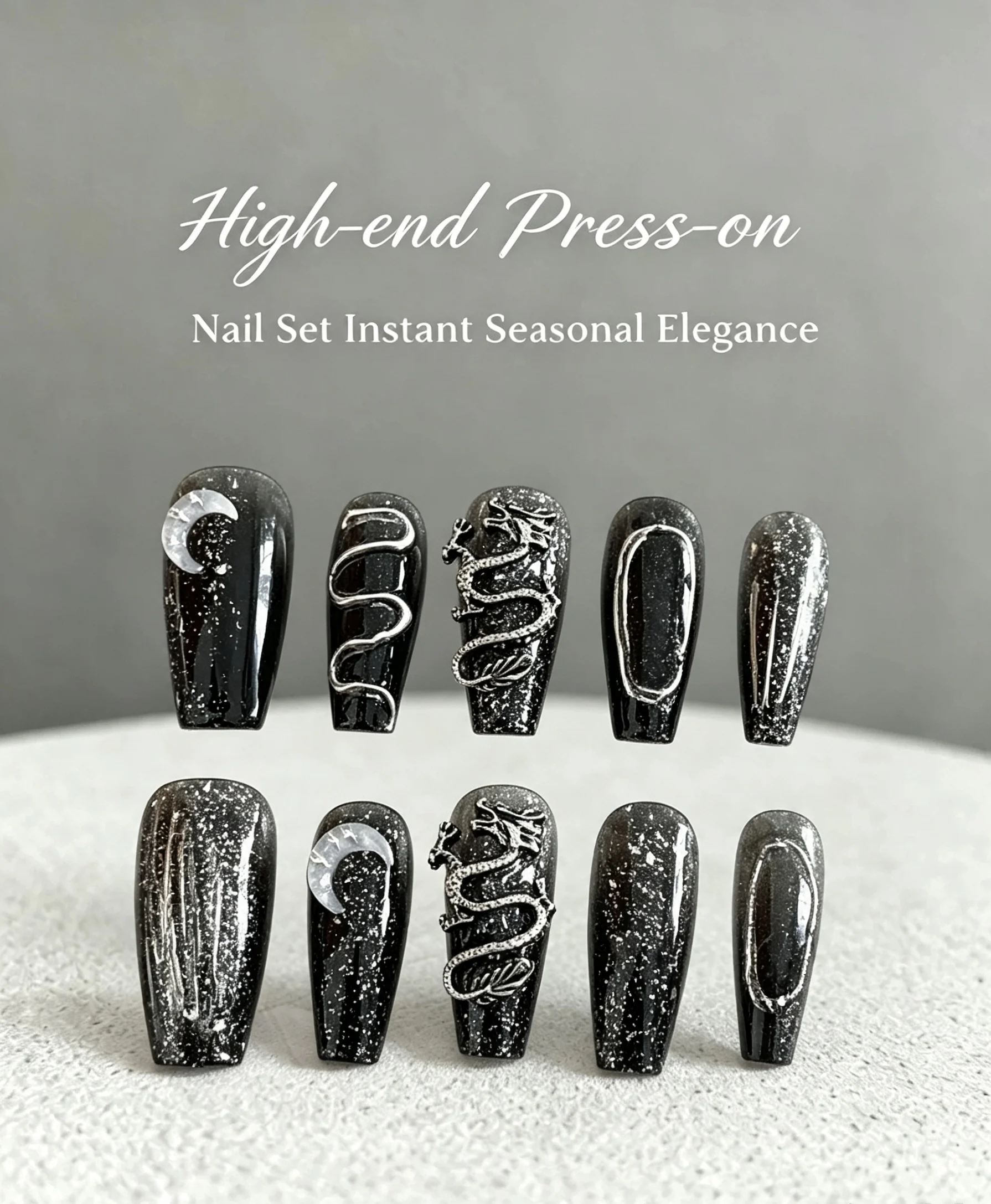 10-Piece Set of Handmade Wearable Nails, Long T-Shaped, Black and Silver Glitter, 3D Silver Dragon and Moon Pendant, Gothic Cool Fake Nails