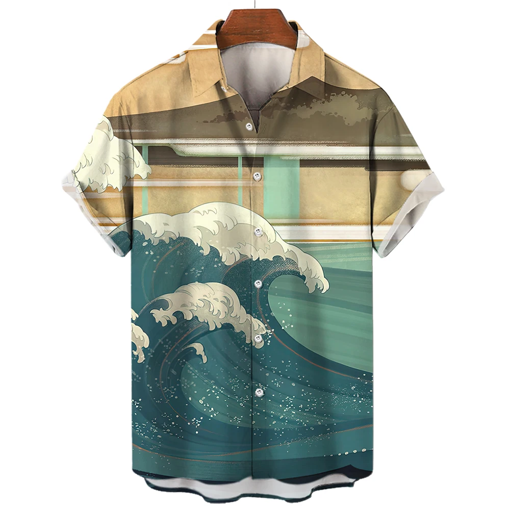 Camisas masculinas de ondas oceânicas, camisas de praia havaianas para surf 3D, tops Y2K de manga curta, roupas vintage, blusa de lapela