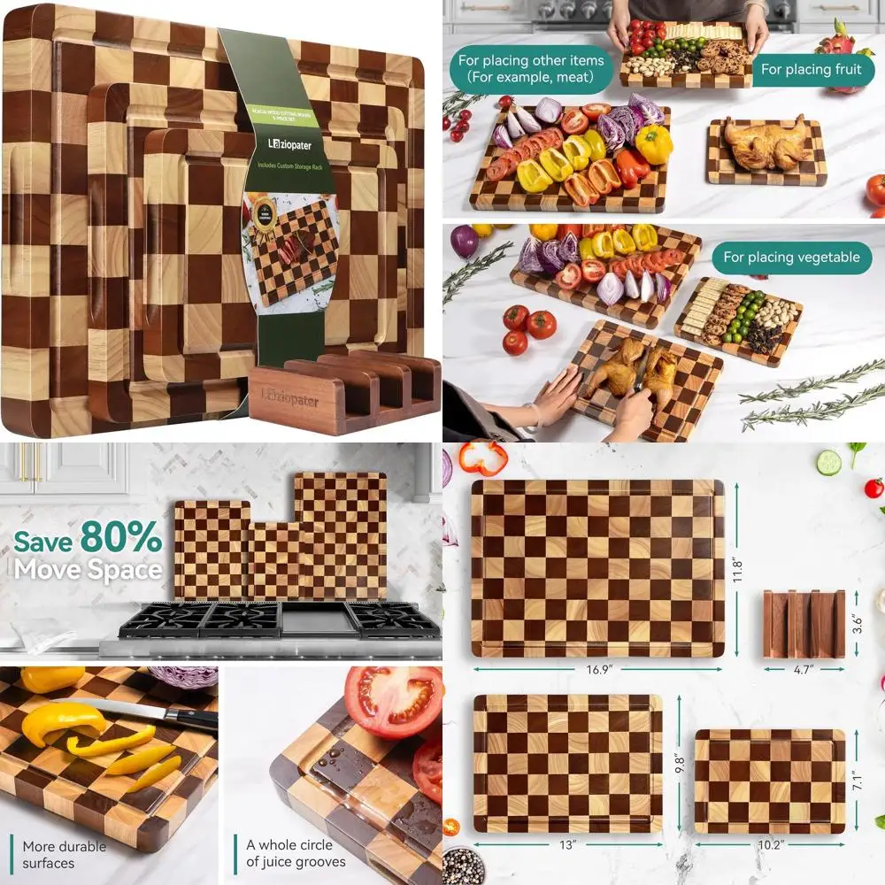 

Набор из 3-х деревянных разделочных досок с держателем, глубокими канавками для сока и встроенными ручками для использования на кухне, идеально подходит для мяса, овощей.