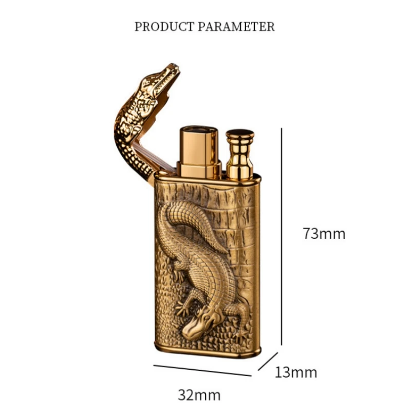 New 3D Relief Dragon Crocodile Double Fire Lighter Metal Windproof Jet Fire Open Fire Conversion Gas Lighter Smoking Men\'s Gift