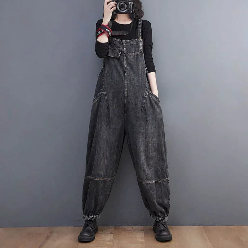 Celana Kodok Denim untuk Wanita Celana Panjang Pergelangan Kaki Solid Pakaian Satu Potong Baju Monyet Wanita Longgar Fashion Korea Kasual Vintage Overall