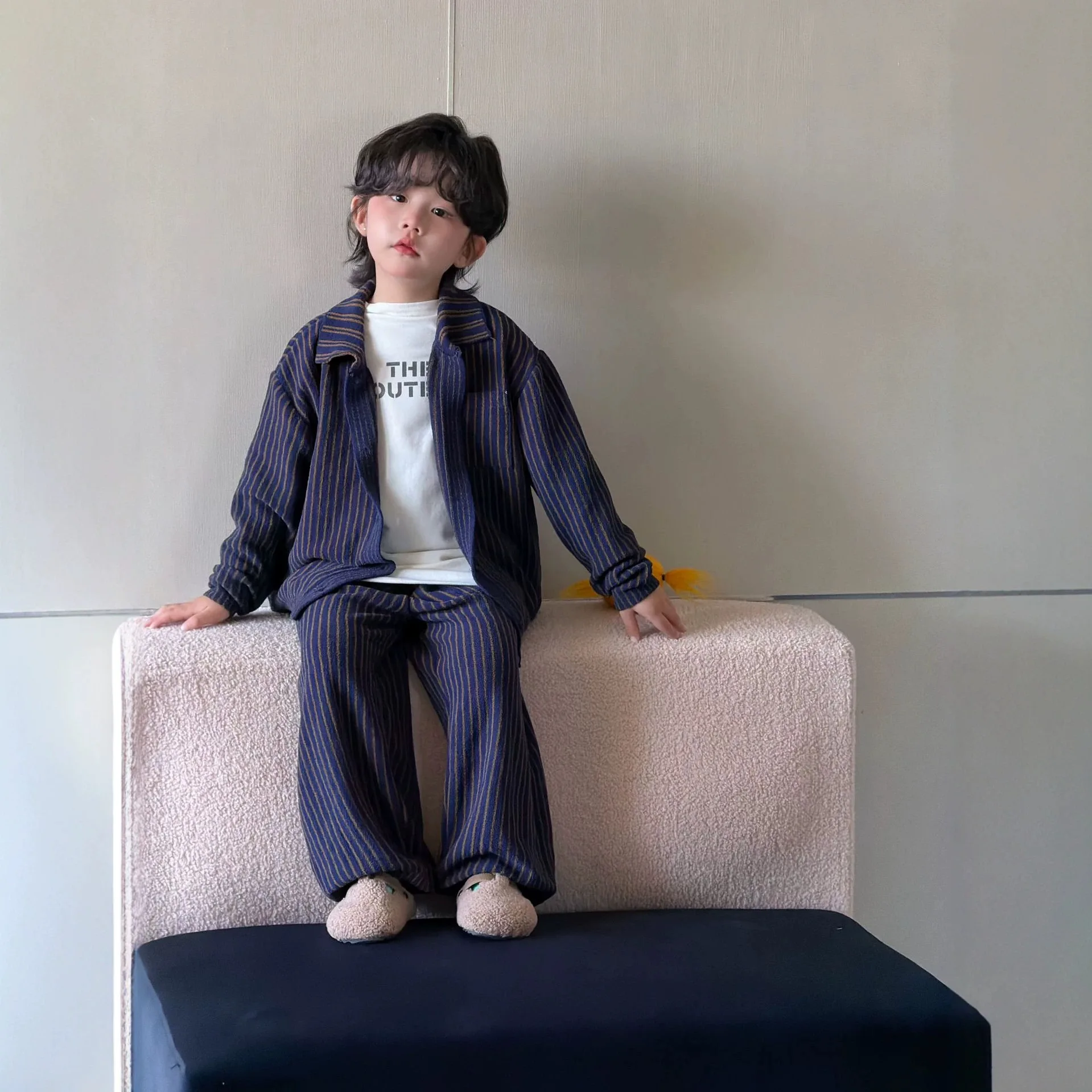 Children Clothes Set Cool Vertical Striped Sweater Boys Retro Cardigan and Wide-leg Pants Fashionable Kids Two-piece Set