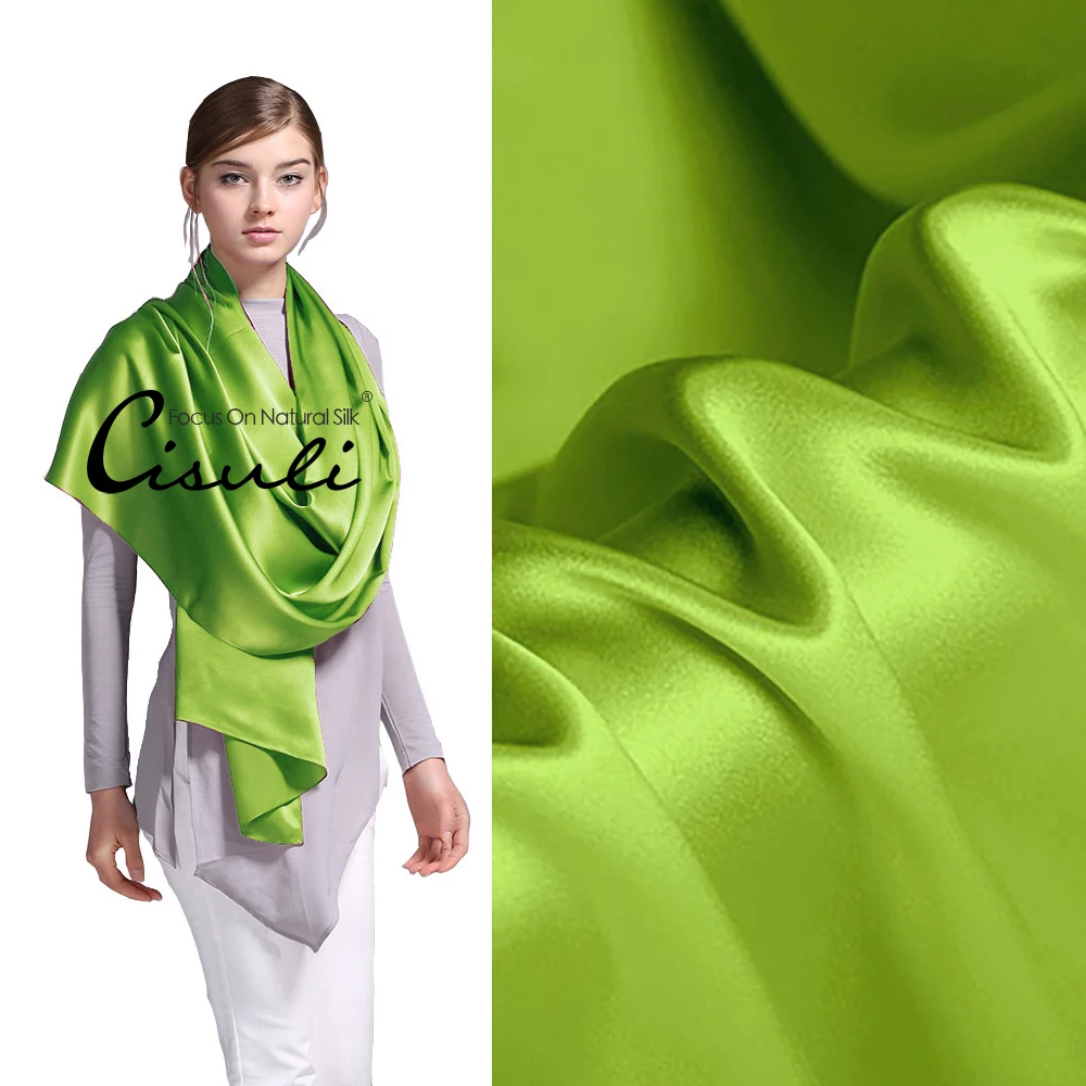 

CISULI 100% Mulberry Silk Satin Scarf Pure Silk Women Long Shawl 55X180cm Solid Color Grass Green 33