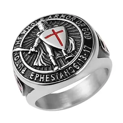 2025 Knights Templar Put On The Whole Armor of God Ephesians Red Cross Design Men's Stainless Steel Ring