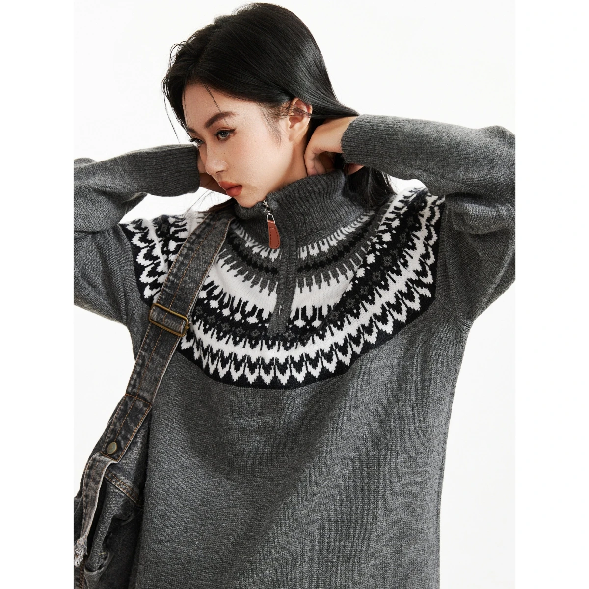 

Мужской свитер в стиле ретро с узором Фейр-айл, на молнии, повседневный, свободный крой, модный, американский стиль, из полиэфирного волокна, осенне-зимний, модный