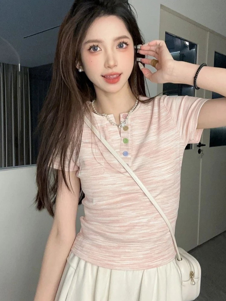 

Sweet style colorful button dopamine short sleeved women's T-shirt summer sweet girl slim fit trendy women's tops ins style
