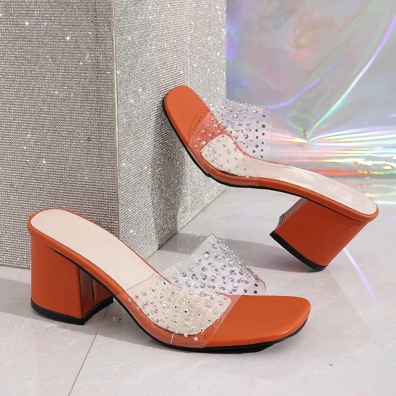 

Женские летние сексуальные босоножки с квадратным открытым носком на высоком каблуке, модные прозрачные сандалии с кристаллами, туфли для вечеринок и торжественных мероприятий